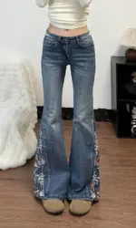 2025 Trend Y2K Style Flowers Embroidery Slim Women's Flared Jeans Pants For Woman Clothing Washed Blue Denim Trousers Ropa Mujer