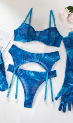Sexy Perspective Breast Gather Printed Lingerie Set with Gloves Leg Set for Women's Five Piece Set Female Fun Bra & Brief Sets