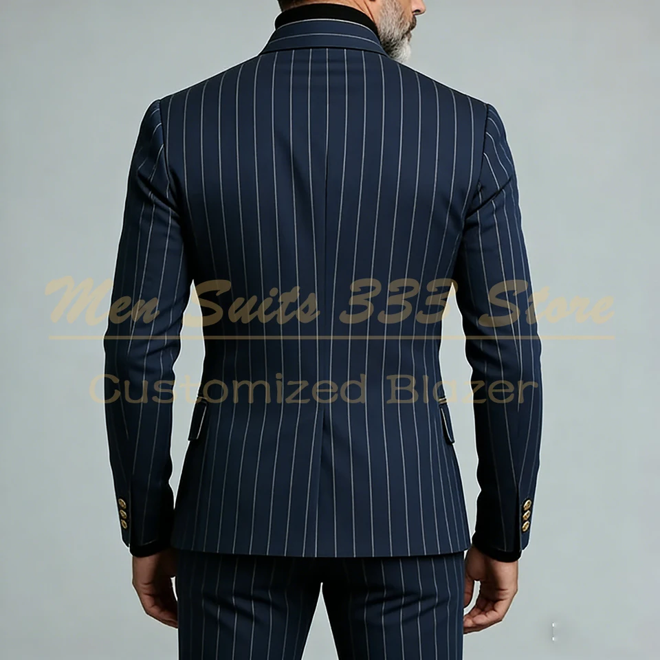 Navy Blue Stripe Men's Suits Elegant Single Breasted Regular Length Back Vent Blazer Formal Business 2 Piece Jacket Pants Outfit - Image 3
