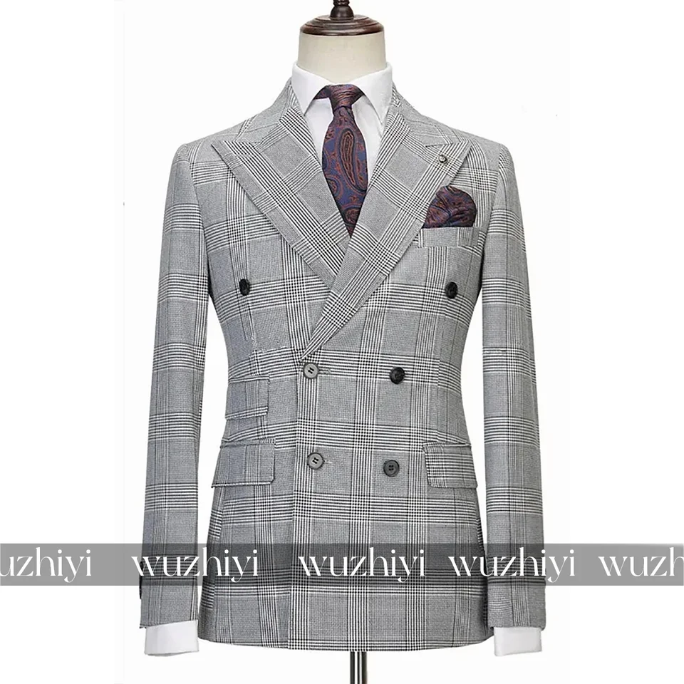 Business Plaid Double Breasted Men Suits 2 Pcs Peak Lapel Coat Pants Formal Wedding Banquet Male Outfit(Jacket+Pants) - Image 2