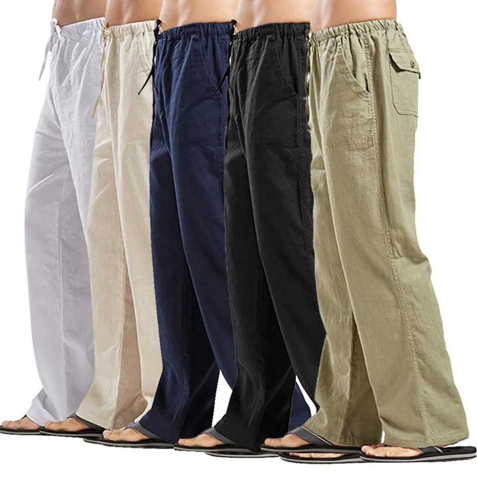 Men's Cotton Linen Pants Summer Solid Color Breathable Linen Trousers Male Casual Elastic Waist Fitness Pants - Image 2