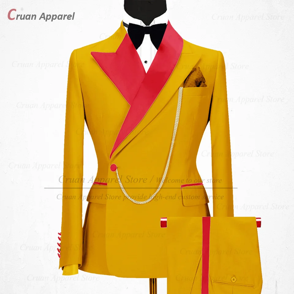 Newest Black Suits for Men Slim Fit Luxury Business Wedding Tuxedos Tailor-made Red Shiny Collar Jacket with Pants 2 Pieces Set - Image 4