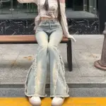 Women Vintage Blue Jeans High Waist American Retro 90s Raw Material Edge Design Y2k Denim Pants Streetwear Wide Leg Jeans