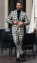 Fashion French style Plaid Groom Wedding Tuxedos Customized Slim Fit Notched Lapel Men Suits Male Prom Blazers Costume Homme