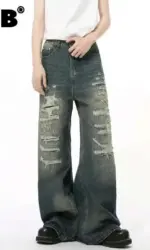 IEFB High Street Men's Denim Pants Hole Worn-out Streetwear Trousers Straight Wide Leg Casual Male Jeans New Autumn 2024 9C8513