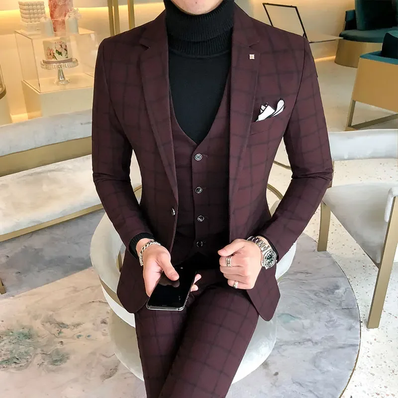 Blazer and Vest and Pants / Boutique Fashion Plaid Men's Casual Business Suit 3pcs Set Groom Wedding Dress Performance Costume - Image 2