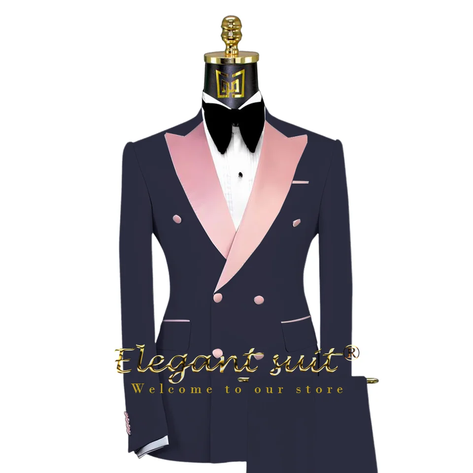 Men's stylish pink satin peaked collar double-breasted suit 3-piece suit (jacket, vest and trousers) custom groom banquet suit - Image 2