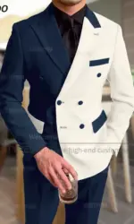 Fashion Black Ivory Splicing Men Suit Casual Party Classic Double Breasted Jacket Evening Dinner Elegant Blazer Pants Outfits