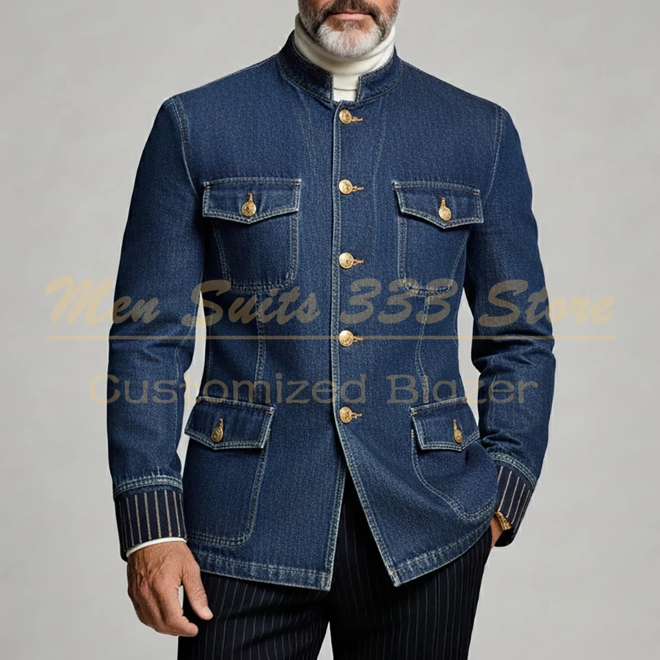Formal Men's Suits 2026 Denim Blazer With Pinstripe Trousers Full Sets Luxury Regular Length 2 Piece Jacket Pants Costume Homme