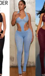 FAGADOER Sexy Lace Hollow-out Patchwork Bodycon Jumpsuits Woman Halter See Through Backless Rompers Female Streetwear Overalls