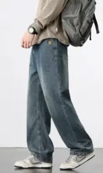 Spring Autumn American Retro Straight Jeans Men Streetwear Korean Fashion Loose Baggy Wide Leg Denim Pants Male Casual Trousers