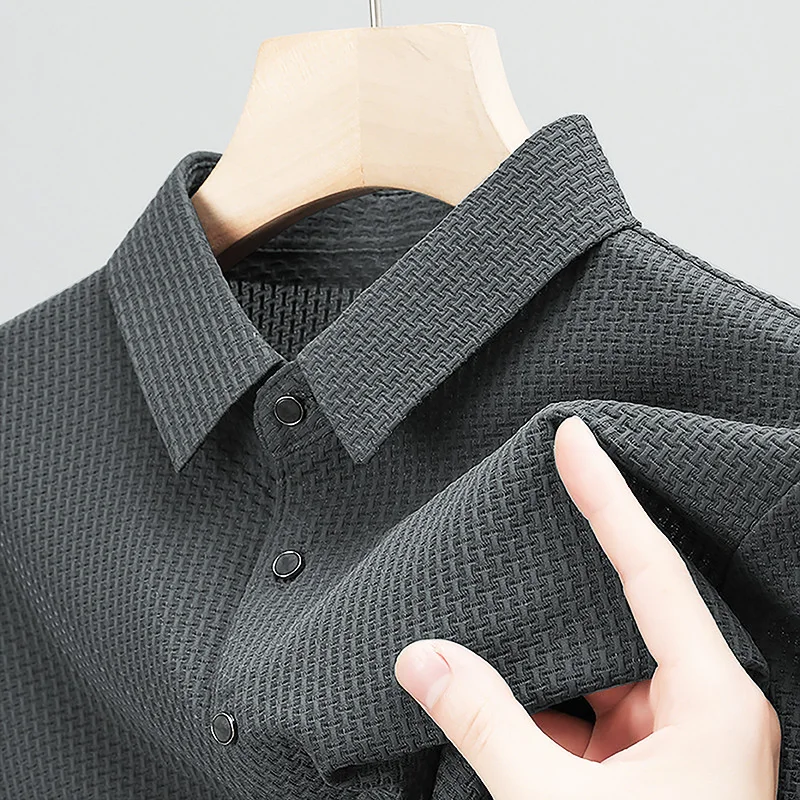 Men's Summer Ice Silk Nylon Bubble Grid Polo Shirt Short Sleeve Button Placket Breathable Hight Stretchy Casual Business Tops