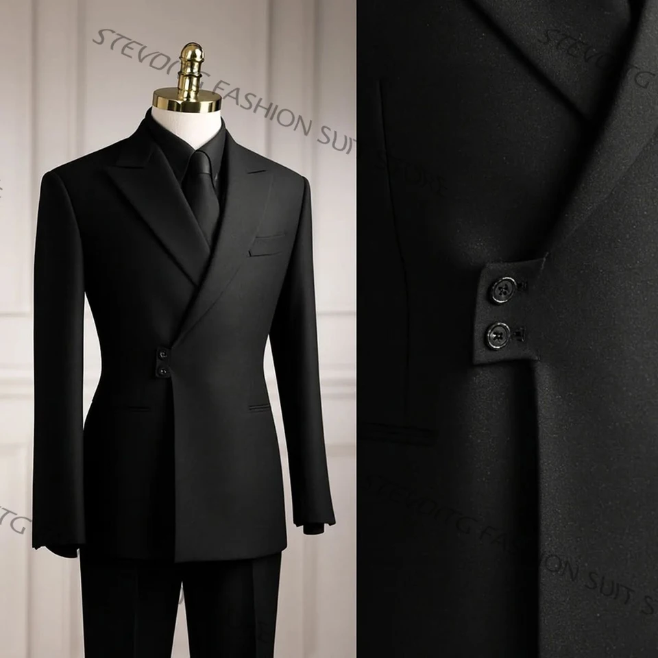 Stylish Men's Black Asymmetrical Wrap Suits Set Single Breasted 2 Pieces Jacket Pants Formal Business Office Blazer Outfit