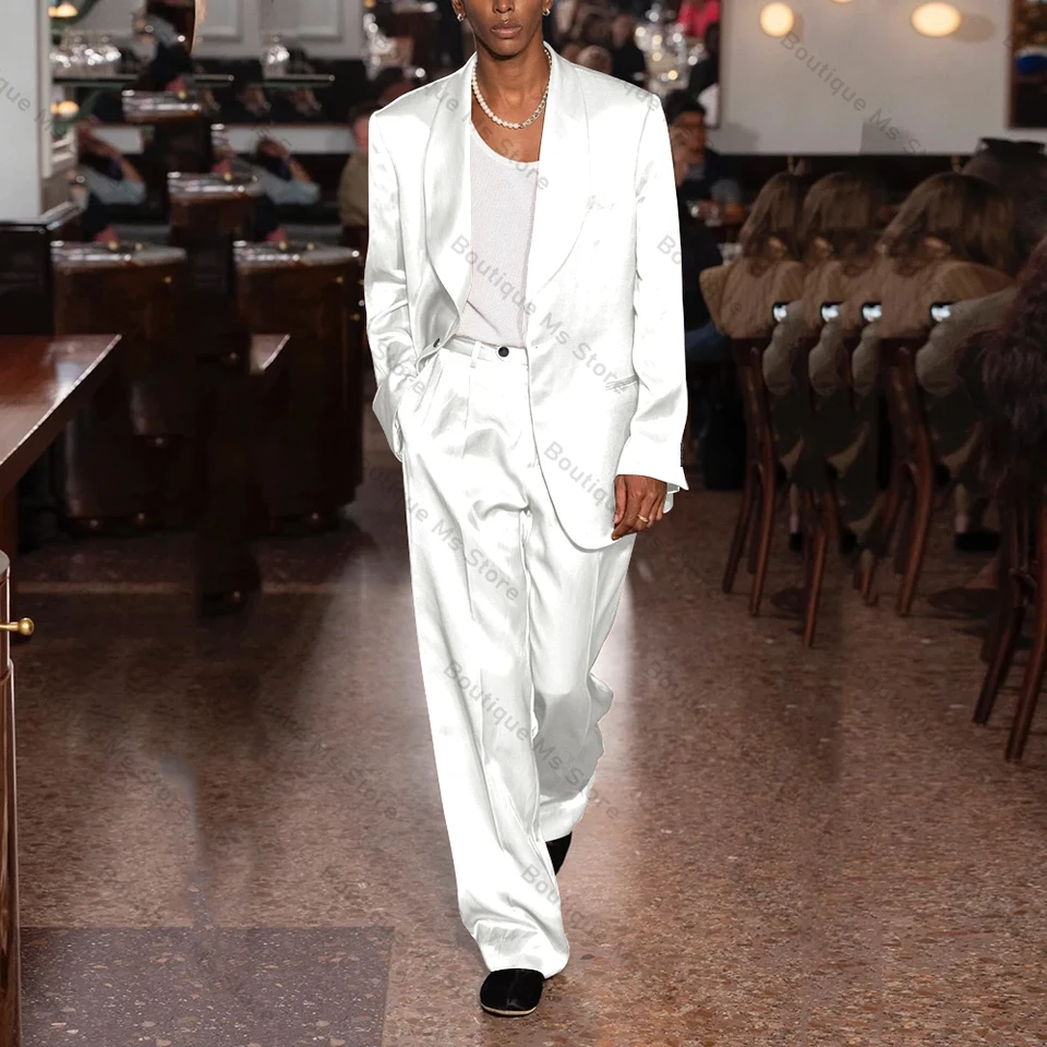 Fashion Satin One Button Shawl Lapel Men Suits 2 pieces Set (Jacket+Pants) Wedding Evening Party Daliy Casual Male Clothing - Image 2