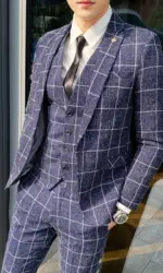 Blazer Vest Pants Stripe Plaid Mens Formal Business Office Suit Groom Wedding Dress Party Stage Host Men Korean Slim Suit Tuxedo
