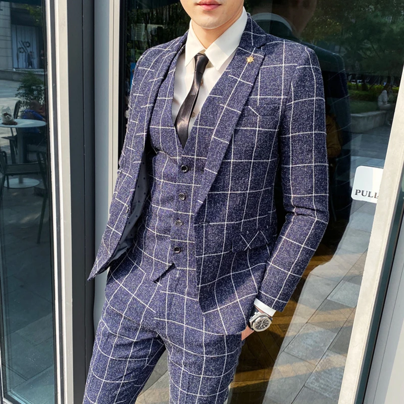 Blazer Vest Pants Stripe Plaid Mens Formal Business Office Suit Groom Wedding Dress Party Stage Host Men Korean Slim Suit Tuxedo