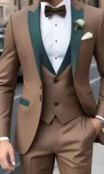 Customized Brown Men Suits Single Breasted Peak Lapel Slim Fit 3 Piece Jacket Pants Vest Full Sets High Quality Clothing Terno