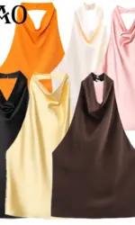 HXAO Satin Halter Top Women Summer 2025 Black Yellow Tanks & Camis Crop Smooth Off Shoulder Tank Top Sleeveless Backless Vests