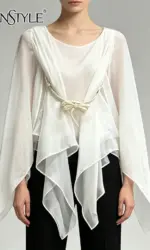 TWOTWINSTYLE Fashion Slimming Spliced Belt Sheer Blouses for Women Round Neck Long Sleeves Patchwork Bowknot Blouse Female New