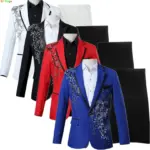 Men's Blue Lapel Trimmed Suit Two-Piece, Wedding/Party/Host Stage Performance Costume, Fashion Long Sleeve Jacket with Pants.