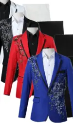 Men's Blue Lapel Trimmed Suit Two-Piece, Wedding/Party/Host Stage Performance Costume, Fashion Long Sleeve Jacket with Pants.