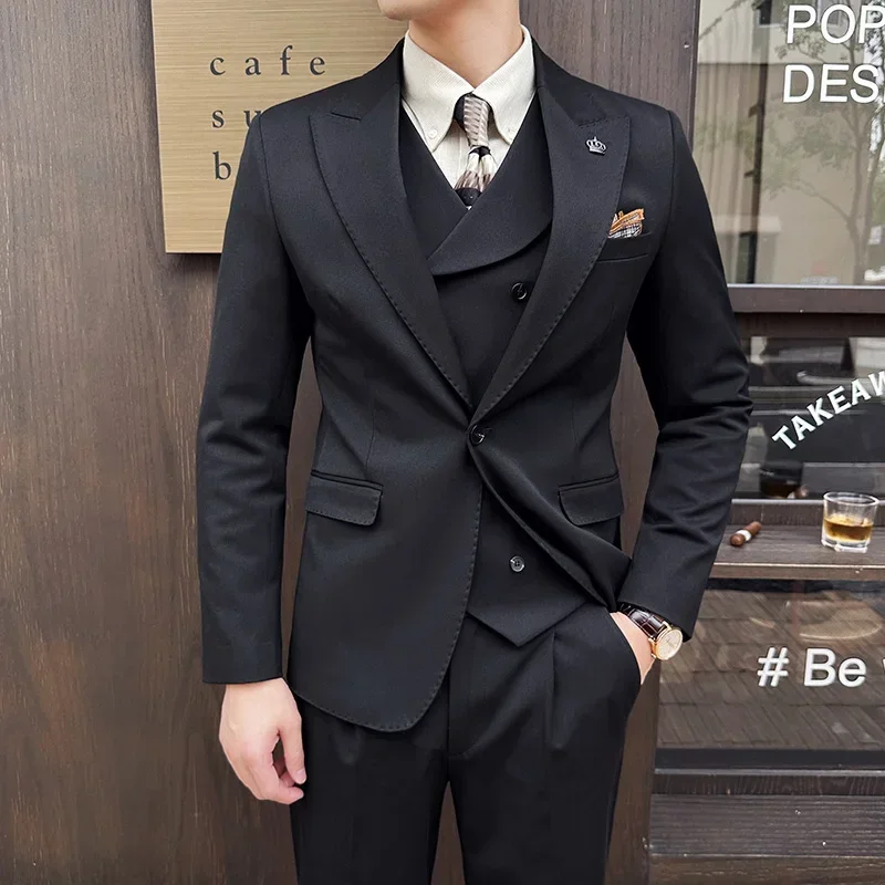 (Jackets+Pants+Vest) High Quality Men Slim Fit Party Tuxedos 3 Pieces Fashion Double Breasted Vest Design Wedding Social Suit - Image 4