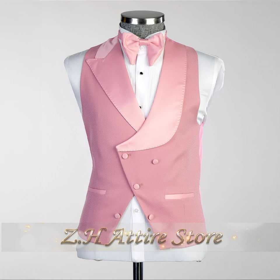 Elegant pink men's 3pcs suit spliced satin lapel jacket vest pants custom-made set for wedding groom cocktail birthday party - Image 4