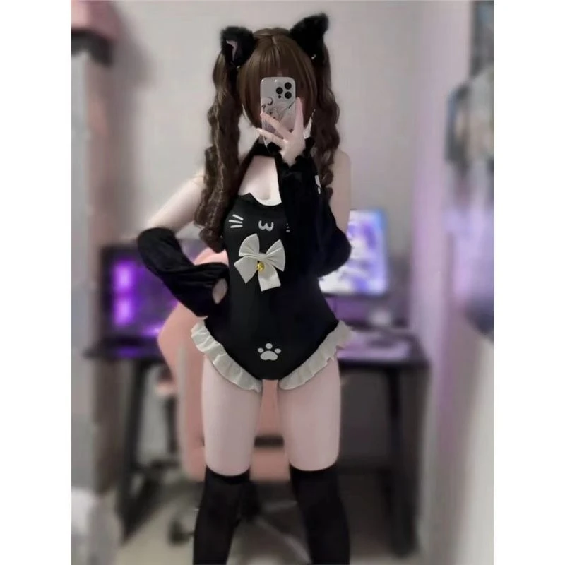 Japanese Cat Kawaii One-Piece With Bell & Bow + Arm Sleeve Cute Halter Top Bodycon Sexy Hot Girl Lace Trim Set Spring Summer