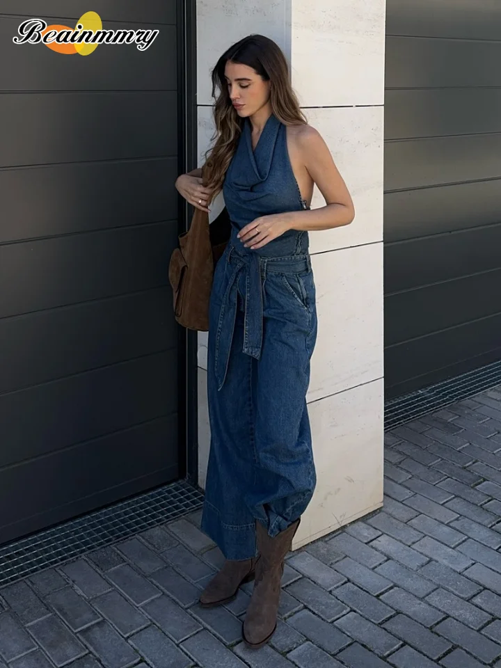 Women's Blue Denim Halter Jumpsuit Cute Fashion Loose Fit Belted Denim Halter Overalls 2026 Lady Summer Cozy Weekend Outfits - Image 2