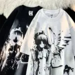 Retro Angel Print Short-sleeved Women T-shirt Summer  Harajuku Casual   Loose Cotton Oversize Women's T-shirts Female Clothing