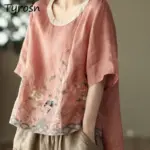 T-shirts Women Retro Leisure Chinese Style Elegant Design Embroidery Attractive Streetwear Tender Prevalent Floral Comfortable