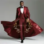 Burgundy Shiny Sequin Suits Men 3 Pieces Sets Single Breasted Groom Long Blazer Costume Homme Wedding Tuxedo Male Clothing