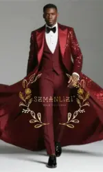 Burgundy Shiny Sequin Suits Men 3 Pieces Sets Single Breasted Groom Long Blazer Costume Homme Wedding Tuxedo Male Clothing