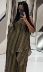Y2K Green Stripe Long Pant Sets For Women 2026 Spring Summer Halter Vest Top Wide Leg Pant 2 Piece Sets Lady Chic Holiday Outfit