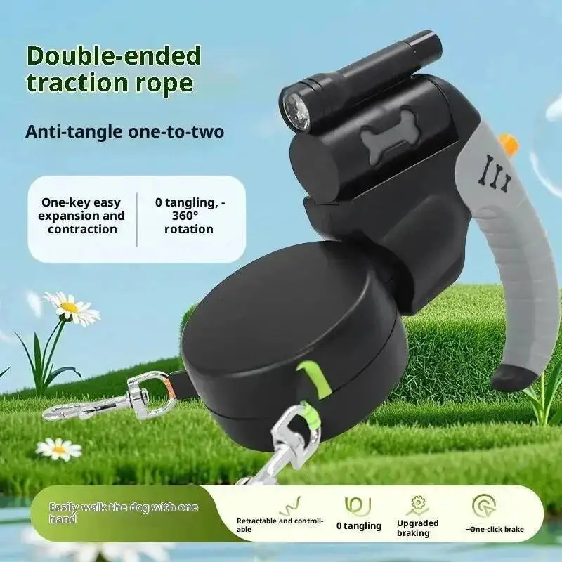 Auto Retractable Double-Headed Dog Leash 3M Rope for 2 Dogs with LED Flashlight 360 Degree Dual Traction Rope Pet Supplies - Image 3