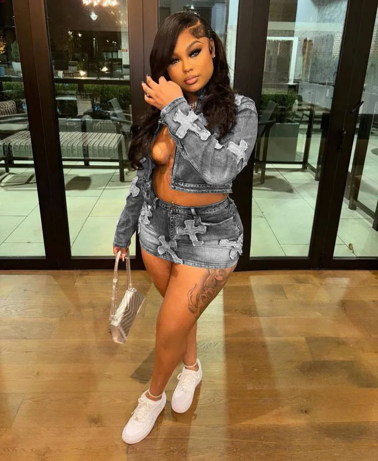 Streetwear Denim Skirt Outfit Set Sexy Women Elegant Two Pieces Jeans Club Matching Set Top+Mini Skirt - Image 2