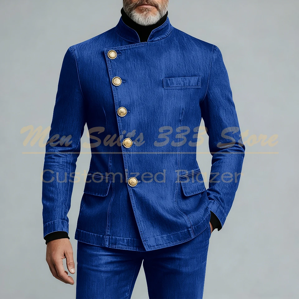 Luxury Demin Men's Suits Fashion Single Breasted Stand Lapel Slim Fit 2 Piece Jacket Pants Sets High Quality Male Clothing - Image 4