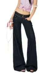 Women Vintage Blue Jeans Hip Hop Fashion Streetwear Y2K Wide Leg Straight Low Waist Jeans Baggy Denim Pants