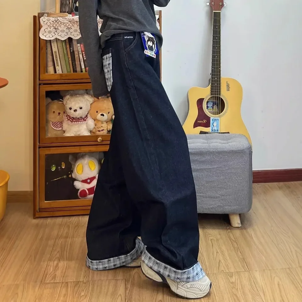 High Waist Wide Leg A- Line Denim Jeans Women's Slimming Drapey Plaid Patchwork Butterfly Knot Straight Cut High Waist Jeans - Image 3