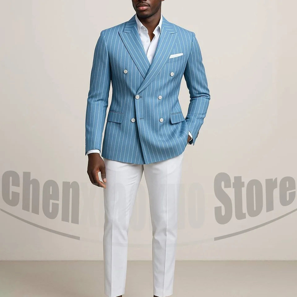 Men's Double Breasted Suit with Pinstripes Fashion Tailored Fit Formal Outfits for Business Casual Party Chic Male Suit 2 Piece