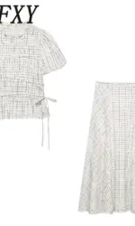 TFAFXY 2026 Summer Bow Plaid Embroidered Blouse Women Sets A-line Midi Long Skirt Suits Y2K