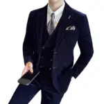 2025 Navy Meteorite Stripe Corduroy Wedding Suit for Men, Fashionable Casual Men's Blazer+Pants +Vest ,2-Piece Set, Asian Sizes