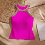 2026 Summer Sleeveless Knitted Vest Shirt Slim Halter Neck Beaded Tops Slim Sexy Bright Silk Women Camisole