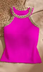 2026 Summer Sleeveless Knitted Vest Shirt Slim Halter Neck Beaded Tops Slim Sexy Bright Silk Women Camisole