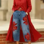 Missuoo Women's Boho Light Blue Washed Red Large Floral Print High Waisted Wide Leg Cropped Jeans Vacation Outfit for Summer