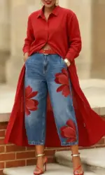 Missuoo Women's Boho Light Blue Washed Red Large Floral Print High Waisted Wide Leg Cropped Jeans Vacation Outfit for Summer