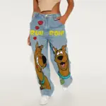 Y2k American Retro Fashion Women High Waist Cartoon Printed Jeans High Street Design Slim Casual Straight Wide-Leg Jeans