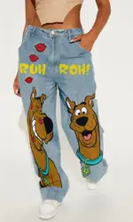 Y2k American Retro Fashion Women High Waist Cartoon Printed Jeans High Street Design Slim Casual Straight Wide-Leg Jeans