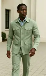 Sage Green Linen Safari Suit Men Summer Lightweight Two Piece Set Casual Wedding Groom Wear Beach Party Mens Fashion XS-3XL