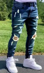Men'S Distressed Fashion Jeans - Street Style, Comfortable Stretch Denim with Ripped Detail, Versatile for All Seasons, Everyday